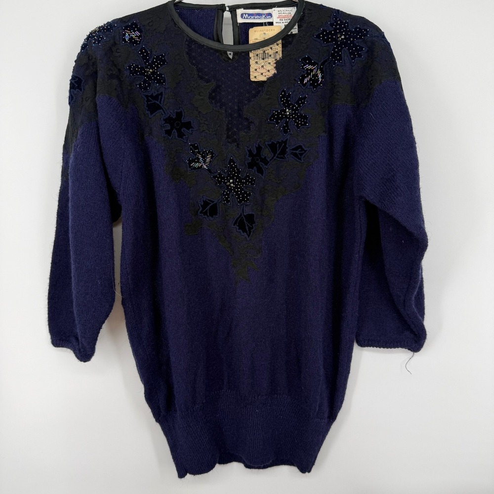 Vtg MarieaKim NWT Womens Classy Navy Blue Beaded Lace Embellished Sweater Size M